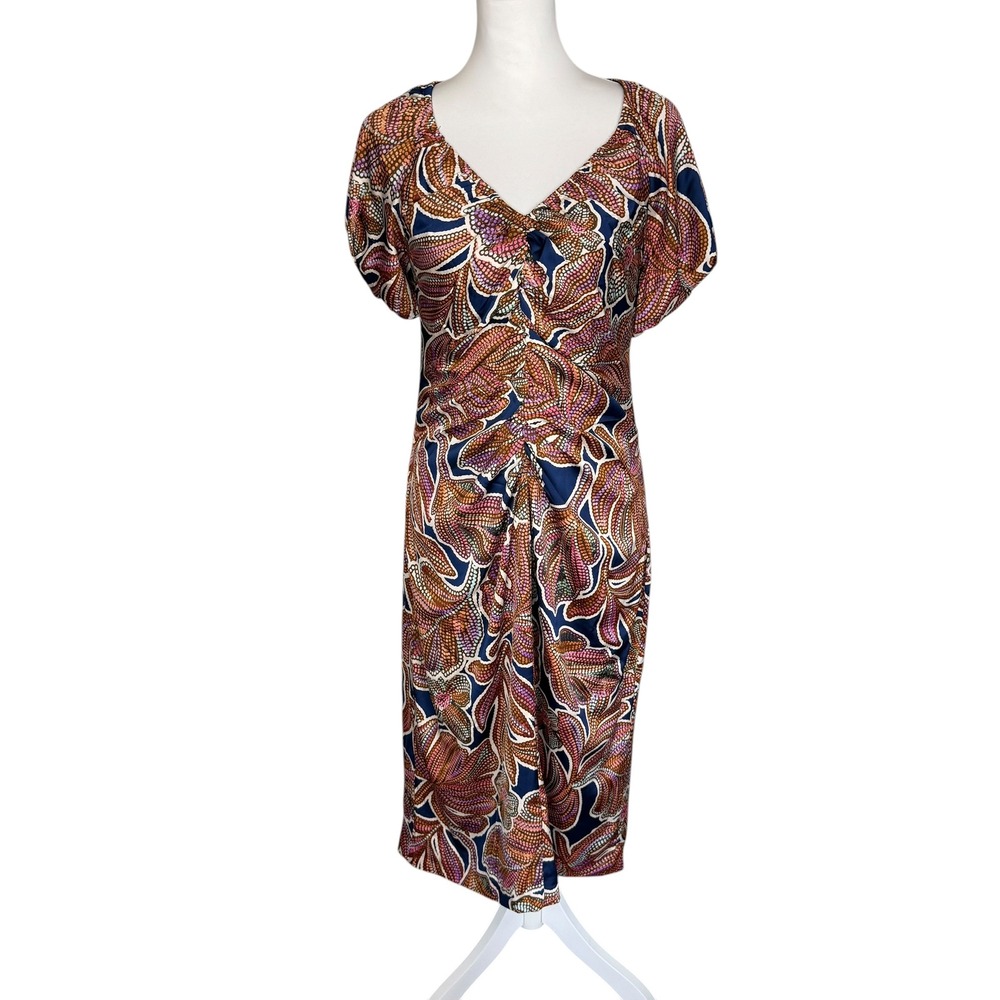 Maggy London Womens Blue Orange Tropical Leaf Ruched V-Neck Sheath Dress Size 14